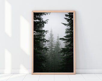 Dark forest print, pine trees photography, misty forest poster for digital download, printable wall art