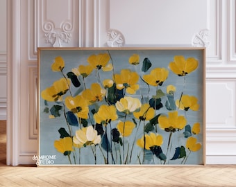 Abstract delicate flowers painting, yellow blue floral art print, digital download