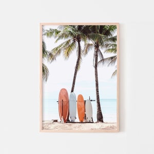 Surfboard print, surf beach photography, palm tree surf board poster, tropical coast wall art, digital download, printable wall art