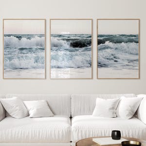 Meereswellen 3-teilige Wandkunst, Küstentriptychondrucke, Strandwellenplakate, digital herunterladbare Kunst, druckbare Wandkunst
