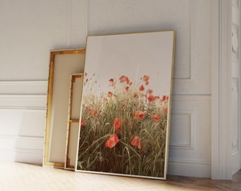 Poppy field digital print, farm poppies field photography, wild flowers poster, printable wall art