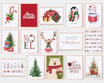 May include: A collection of 12 printable Christmas-themed illustrations. The illustrations feature a variety of holiday imagery, including a reindeer, a penguin, a Christmas tree, a mug of hot cocoa, and a Christmas wreath. The illustrations are all in a watercolor style and are perfect for adding a festive touch to your home decor.