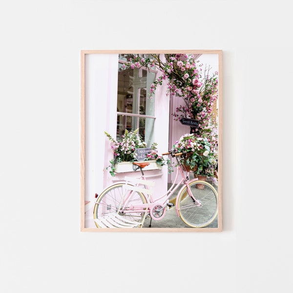 Bicycle digital print, pink bike photography, blush pink floral art, printable wall art