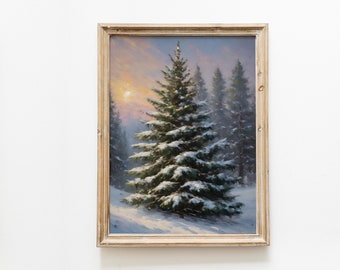 Christmas tree vintage painting print, snow spruce poster for digital download, vintage christmas art, printable wall art