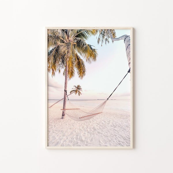Maldives wall art, pastel beach photography, hammock on sandy beach, tropical island poster, summer coastal picture, printable wall art