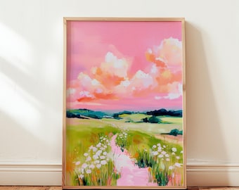 Colorful abstract landscape painting print, pink green meadow art (digital download)
