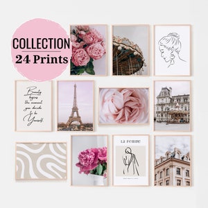 Impresiones digitales de chicas rosas, conjunto de pared de la galería de París de 24 impresiones, carteles rosa rubor de moda, arte de pared imprimible
