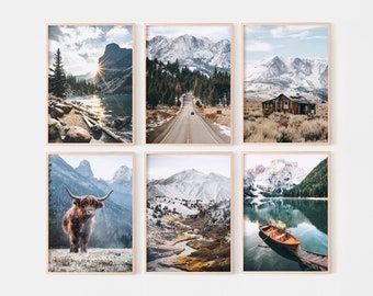 Nature gallery wall set of 6 prints, rustic landscape wall art, forest mountain photography, highland cow art, nordic printable wall art