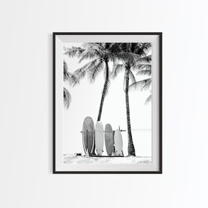 Black and white Surfboards print, surf beach photography, palm tree surf board poster, tropical coast digital print, printable wall art