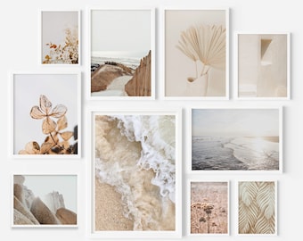 Boho gallery wall set of 10 prints, Neutral beach gallery prints, Printable wall art