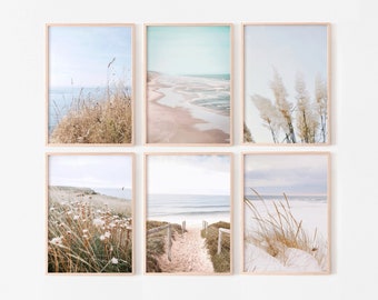 Coastal prints set of 6, coastal gallery wall set, neutral beach wall art, boho beach house decor, printable wall art