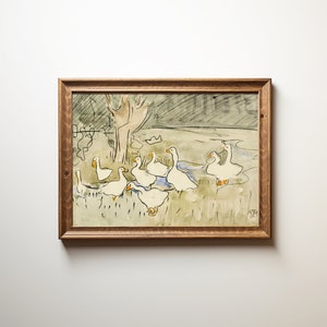 Vintage nursery geese print, antique farm nursery room art, goose painting, digital download