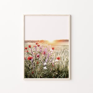 Wildflowers field wall art, sunset nature photography, rustic flowers print, poppies digital poster, printable wall art