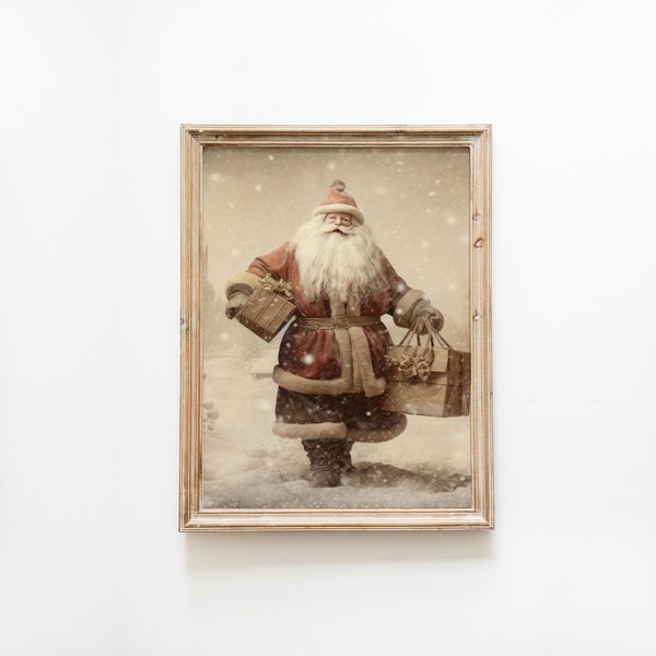 Vintage Santa painting print, vintage Christmas wall art, holiday seasonal wall decor, digital download, printable wall art