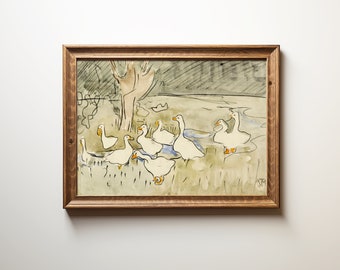 Vintage nursery geese print, antique farm nursery room art, goose painting, digital download