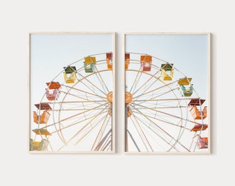 May include: A colorful Ferris wheel with red, yellow, green, and blue gondolas against a light blue sky.