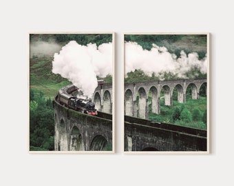 May include: A black steam train travels across a stone bridge with multiple arches. The train is surrounded by white smoke and green trees. The bridge is in a rural setting.