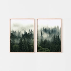 Dunkler nebliger Wald 2 Stück Wandkunst, nebliger Kiefernwald Drucke, Natur Wald Fotografie, druckbare Wandkunst