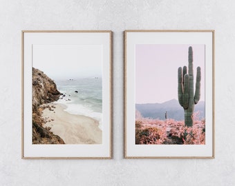 Desert Cactus Set of 2 prints, Coastal Wall Art, Malibu Beach Poster, Pastel Landscapes Set, Boho Wall Decor, Printable Wall Art