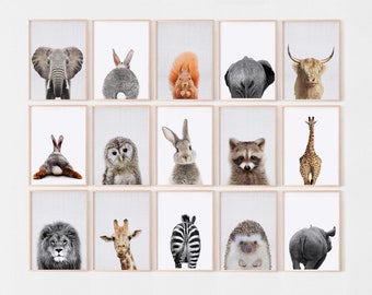 Baby Animals Prints, Woodland Nursery Decor, Safari Animal Gallery Wall Set, Set of 15 prints, Animal Butt Prints, Printable wall art