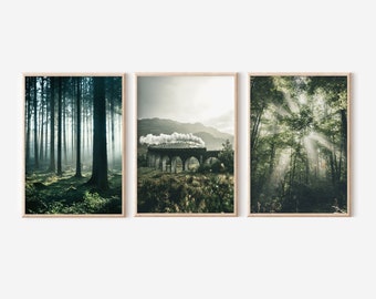 Dark green forest prints set of 3, Genfinnan Viaduct poster, green nature digital prints, printable wall art