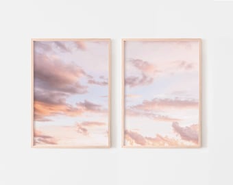 Blush pink clouds wall art, pink sky prints set of 2, sunset clouds digital posters, printable wall art