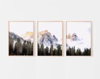 Forest mountain triptych prints set of 3, mountain landscape 3 piece wall art, nature prints, nordic printable wall art