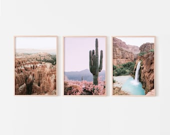 Set of 3 prints, Desert wall art, Arizona desert prints set, Cactus photography, Boho nature posters, printable wall art