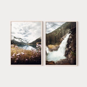 Waterfall landscape prints, 2 piece wall art, wildflowers field photo, set of 2 prints, wild nature digital posters, printable wall art