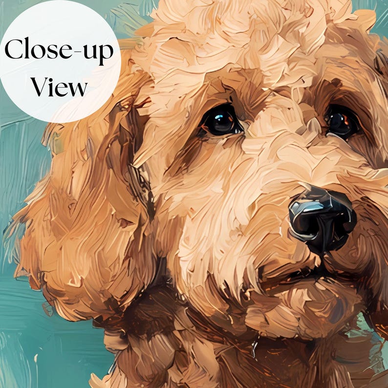 May include: Close-up portrait of a golden doodle dog with a light brown and cream coat. The dog has a soft, fluffy texture and is looking directly at the viewer.