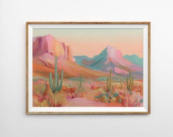 Abstrakte Wüstenlandschaft Kunstdruck: Boho Kaktus Malerei (Digitaler Download)