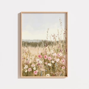 Arte mural de campo con flores silvestres en tonos pastel, impresión de pintura de paisaje floral neutro, descarga digital