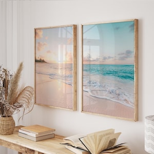 Ocean sunset prints set of 2, pastel beach photography, boho coastal digital prints, DIY printable wall art