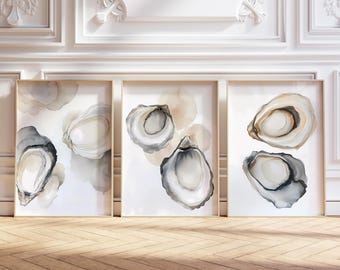 Oyster Shell Watercolor Prints Set of 3: Coastal Kitchen Art (Digital Download)
