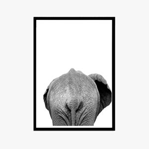 May include: Black and white framed print featuring the rear view of an elephant. The elephant's textured skin and tail are visible, set against a white background. The image is framed in a black border.