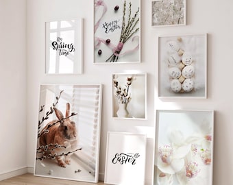 8 prints, Spring wall art, Easter prints, Gallery wall set, Pastel Easter wall decor, Printable wall art