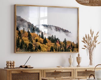 Forest mountain wall art, foggy mountain landscape print, nature print, fall forest photography, printable wall art