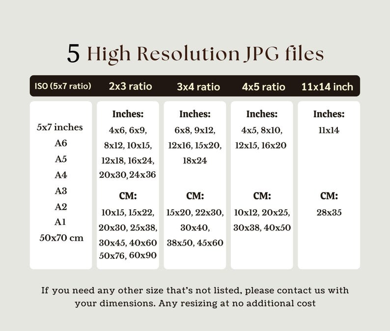 May include: Chart showing different sizes of high-resolution JPG files in inches and centimeters. The sizes are listed in ISO (5x7 ratio), 2x3 ratio, 3x4 ratio, 4x5 ratio, and 11x14 inch.