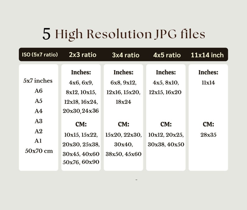 May include: A chart showing different image sizes in inches and centimeters for 5x7, 2x3, 3x4, 4x5, and 11x14 inch ratios. The chart includes ISO paper sizes like A6, A5, A4, A3, A2, and A1.