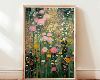 Wildflower weideprint in Gustav Klimt-stijl, abstract schilderij bloementuin, digitale download