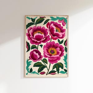 Puede incluir: Una ilustraci&oacute;n digital de flores rosas con centros amarillos y hojas verdes sobre un fondo crema. Las flores est&aacute;n dispuestas en un patr&oacute;n sim&eacute;trico y est&aacute;n rodeadas por un borde verde.