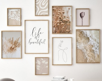Neutral gallery wall set of 9 prints, boho modern gallery prints, boho coastal decor, printable wall art