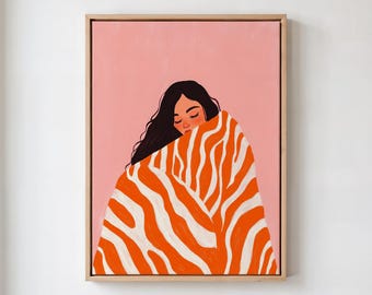 Orange abstract people print, contemporary minimalist artwork, pink stripe woman poster, large room printable wall art