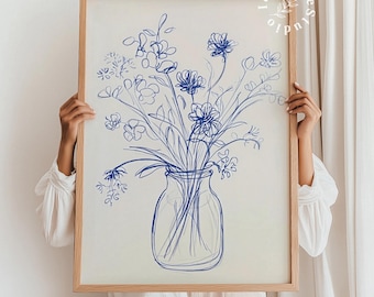 Blue flowers in vase line art print, minimalist floral artwork, modern abstract still life drawing, printable wall art