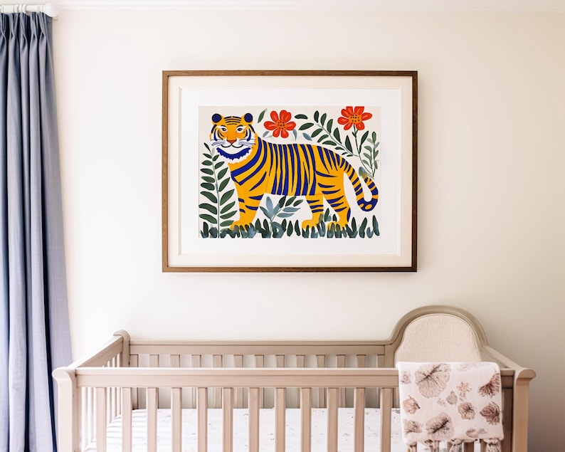 May include: A framed illustration of a yellow and blue tiger with black stripes standing in a jungle setting with green leaves and red flowers.