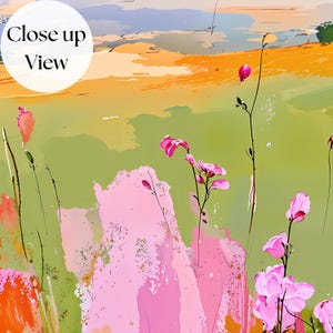 May include: An abstract digital painting featuring a vibrant green field with patches of orange and pink textures. Thin, dark stems rise from the bottom, topped with delicate pink flowers. A white circular overlay contains the text Close up View.