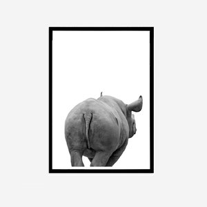 May include: Black and white framed print featuring a rear view of a rhinoceros. The image is a grayscale photograph with the rhino's body filling most of the frame. The rhino's skin texture and form are detailed, set against a stark white background.