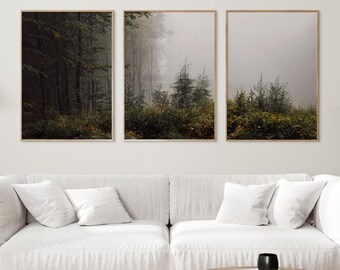 Misty foggy forest 3 piece wall art, forest landscape triptych wall art, wild nature photos, printable wall art