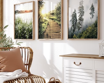 Forest path landscape 3 piece wall art, forest photography, green nature gallery set, printable wall art