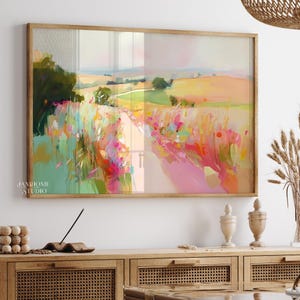 Abstrakt färgglad landskapsmålning, färgglada penseldrag naturtryck, konstverk för gårdslandskap, utskrivbar väggkonst